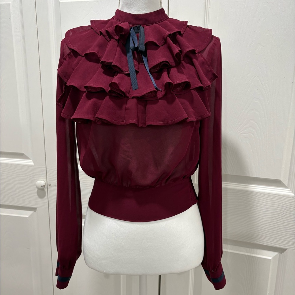 privy Wine Ruffled Mock-Neck Blouse with Contrast Tie